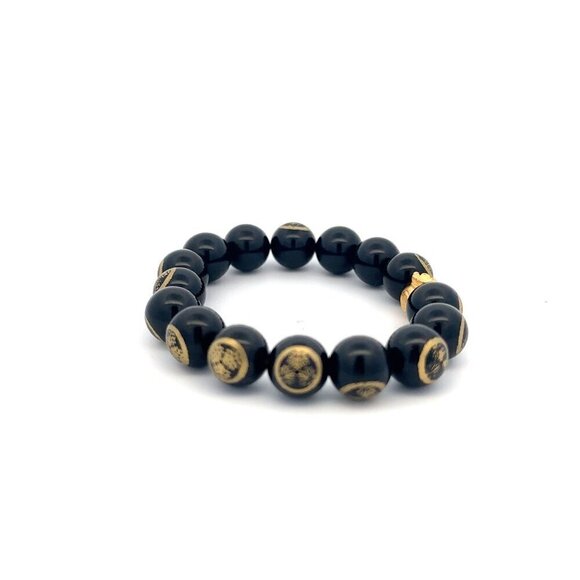 24K Yellow Gold Money Bag Lucky Bracelet Carved Black Agate Gemstones 10mm - Picture 3 of 5